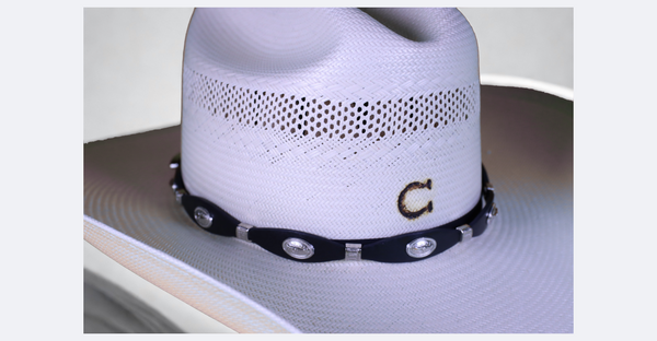 Western style black longhorn concho leather hat band. Front View