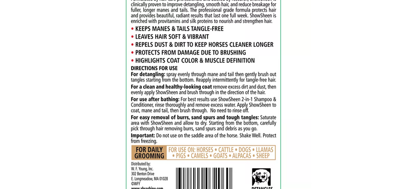 Product label on back of Showsheen spray bottle.