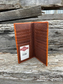 Brown Basketweave leather tall wallet with hair-on corner featuring a Longhorn Concho. Inside view showing thirteen card slots, a ID window, and multiple cash slots. 