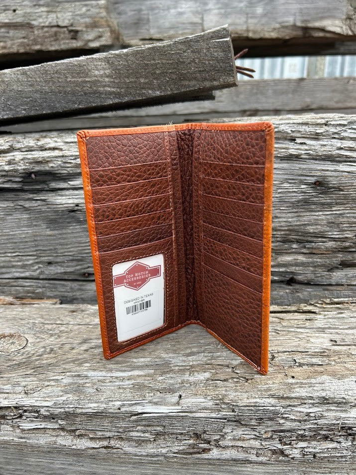 Brown Basketweave leather tall wallet with hair-on corner featuring a Longhorn Concho. Inside view showing thirteen card slots, a ID window, and multiple cash slots. 