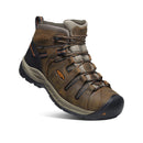 Men's Keen 6" Flint II Waterproof Mid boots in black olive and brindle colors, featuring a soft toe cap and a lace-up closure.  Single boot view