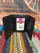 Black leather trifold wallet  with a stich pattern on the top. Inside view showing multiple card slots and ID window. 