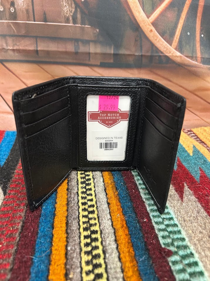 Black leather trifold wallet  with a stich pattern on the top. Inside view showing multiple card slots and ID window. 