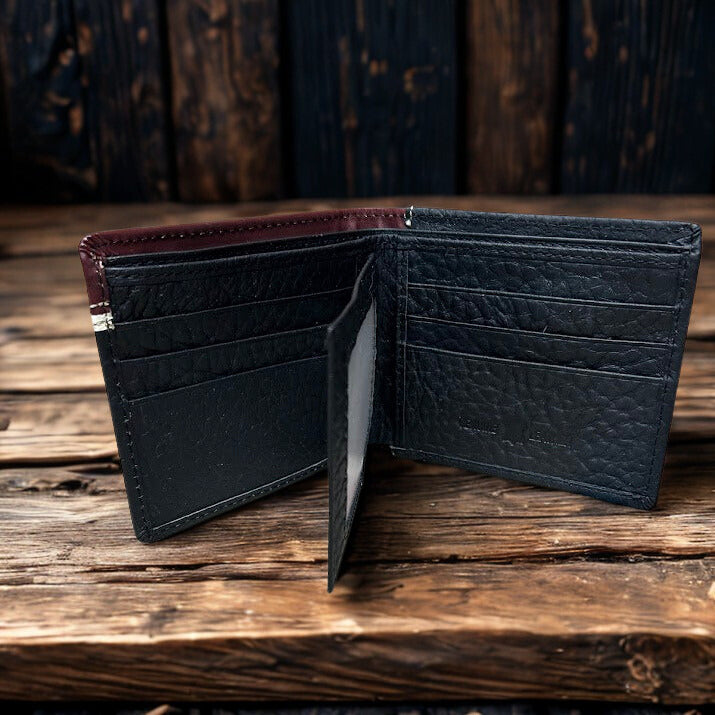 Black leather bifold wallet with Brown overlay and a Longhorn Concho. Inside view showing six card slots and two ID windows. 