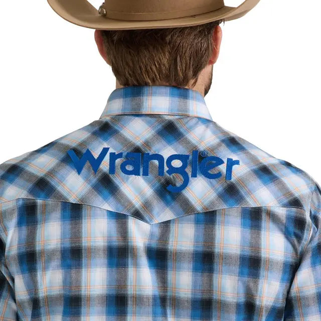 Men's Wrangler 112352383 Blue Plaid Logo Long Sleeve Western Button Shirt
