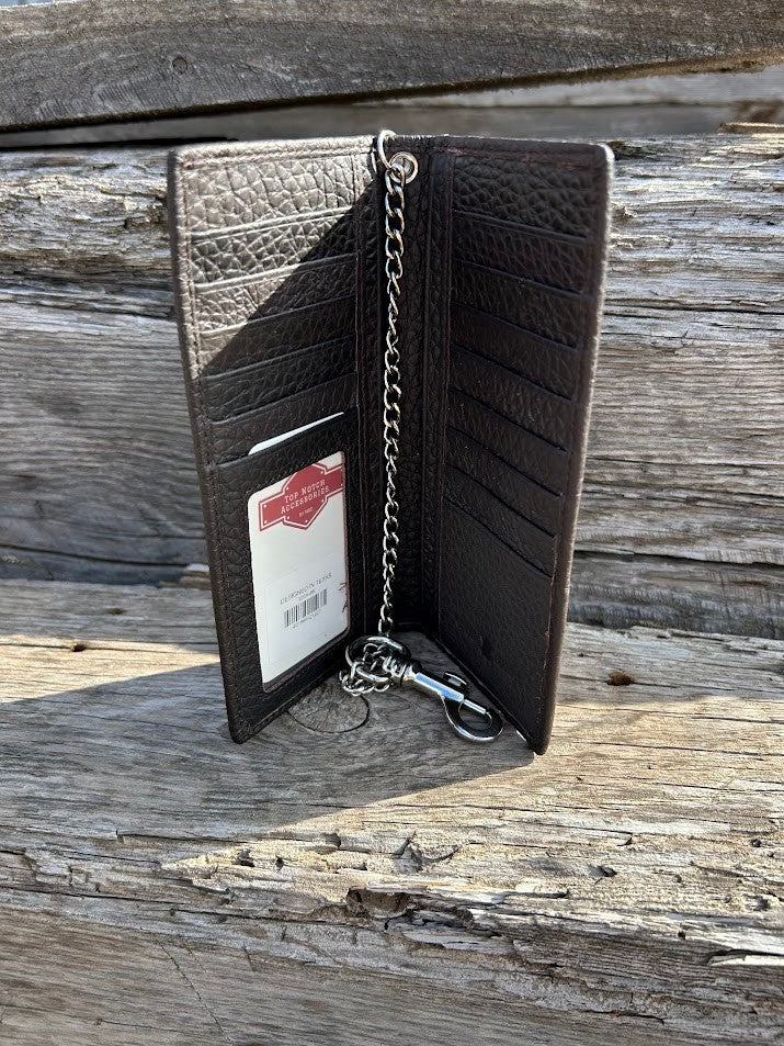 Black pebbled leather tall wallet with silver chain on a swivel. Inside view showing ID window and multiple card slots. 