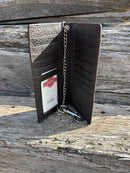 Black pebbled leather tall wallet with silver chain on a swivel. Inside view showing ID window and multiple card slots. 