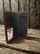 Tall leather wallet with a embossed Praying Cowboy design. Inside view showing multiple card and bill slots. 