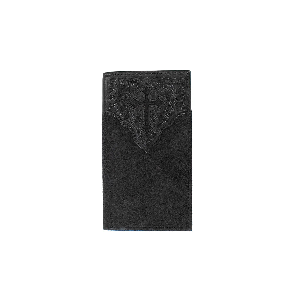 Nocona black roughout leather wallet with a hand tooled leather tab on top with 'In God We Trust'.