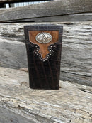 Coffee Brown alligator print leather checkbook wallet with cowhide inlay and Bull Rider Concho. Front View