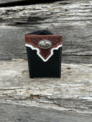 Black pebbled leather trifold wallet with a brown leather overlay featuring a Bull Rider Concho. Front View
