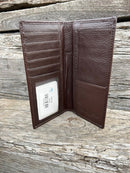 This Coffee Brown alligator print leather checkbook wallet features a Star Concho and a cowhide inlay on the bottom of the front.  Inside view showing six card slots, a ID window, a pen slot, and a checkbook slot. 