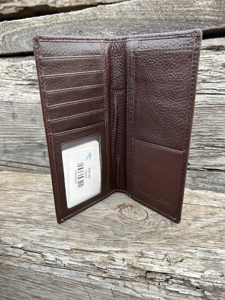 This Coffee Brown alligator print leather checkbook wallet features a Star Concho and a cowhide inlay on the bottom of the front.  Inside view showing six card slots, a ID window, a pen slot, and a checkbook slot. 