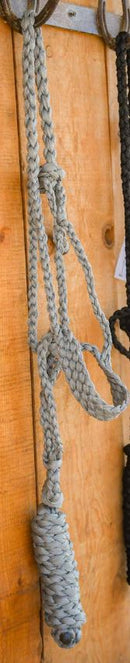 Gray braided flat nose halter with attached lead rope.