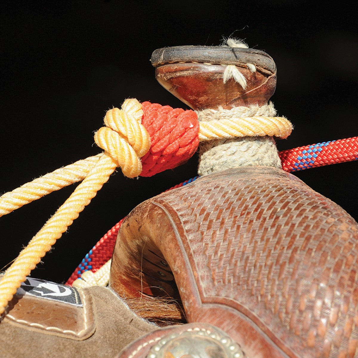 One red horn knot shown attached to show as securing a rope to a saddle horn.