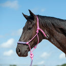 Pink string halter with flat braided noseband and attached lead rope