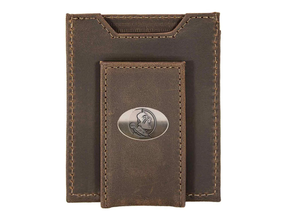Zep Pro Florida State University Brown “Crazy Horse” Leather Front Pocket Wallet.
Front view shows brass Seminole logo concho on cash magnetic closure.