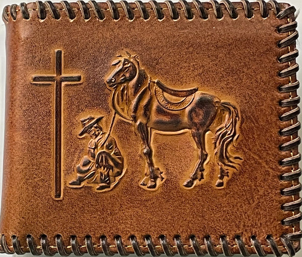 Top Notch 6111TN Tan Praying Cowboy w/Whip Stitched Border Bi-Fold Wallet