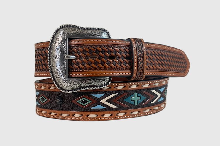 Roper 8639500 Chestnut 1 1/2" Debossed Enameled Aztec with Crosses Leather Belt