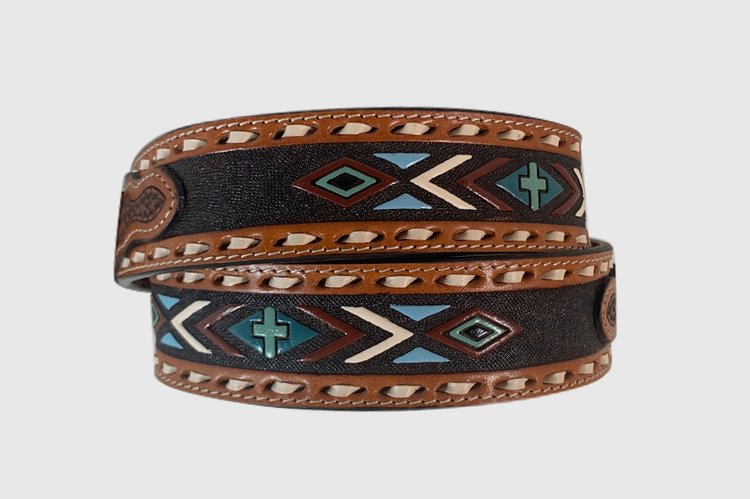 Roper 8639500 Chestnut 1 1/2" Debossed Enameled Aztec with Crosses Leather Belt