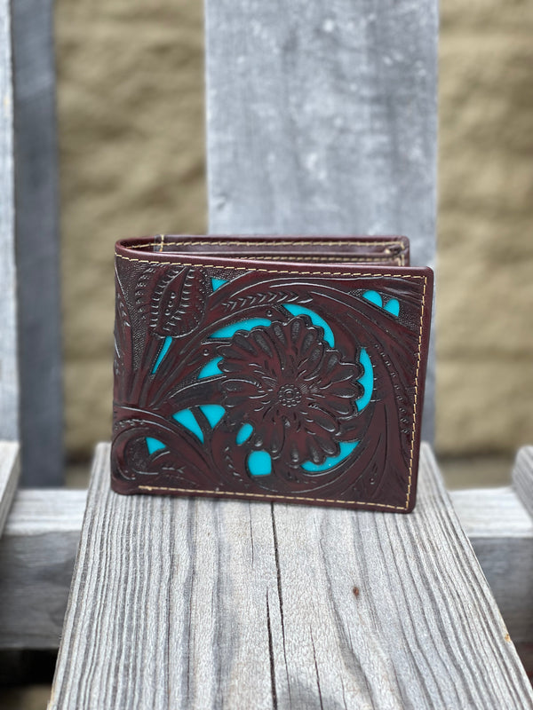 Top Notch Accessories 6506-1CF Coffee Floral Tooled w/Turquoise Inlay Bi-Fold