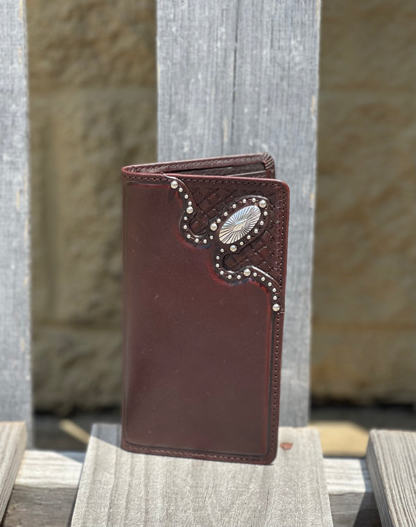 Brown Western style wallet with silver concho and stud detailing. Front View