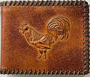 Top Notch Tan Embossed Rooster Design Leather Bifold Wallet with Whip Stitched Border