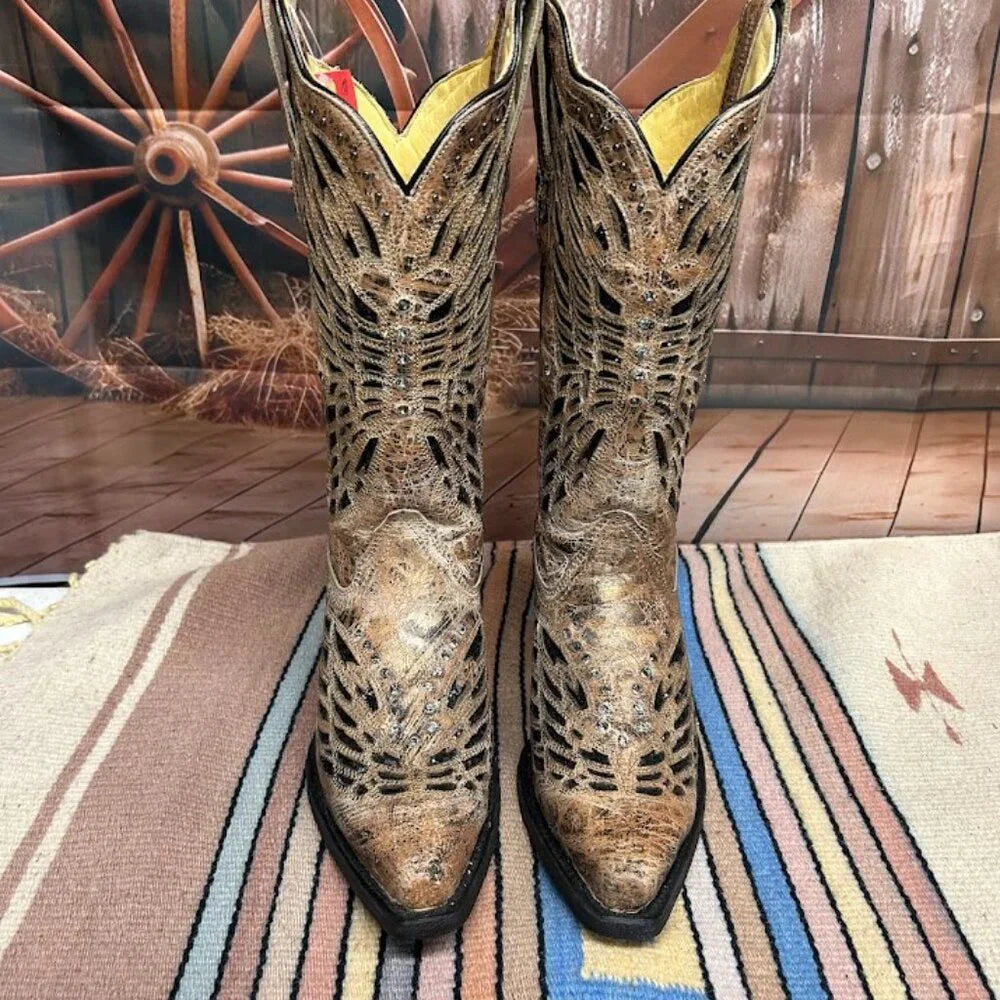 Women's Corral Bronze & Black Inlay Crystals Butterfly Snip Toe Boots