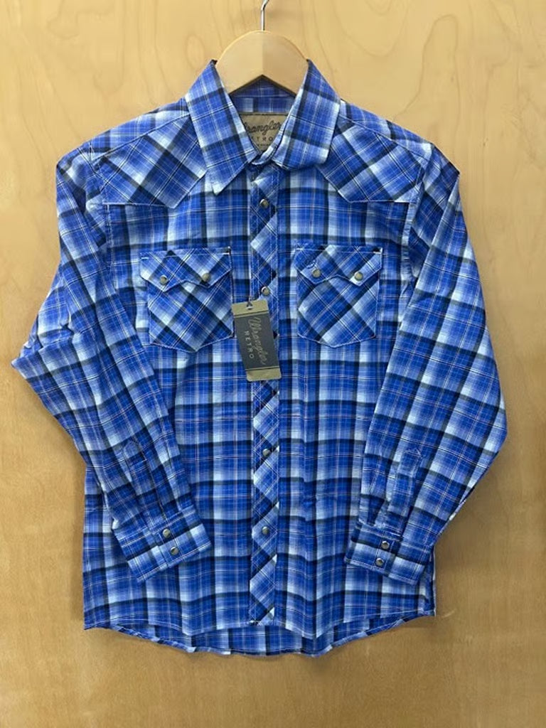 Boy's Wrangler Retro Blue Plaid Western Snap Long Sleeve Shirt