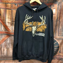 Black hoodie with deer skull design on front.