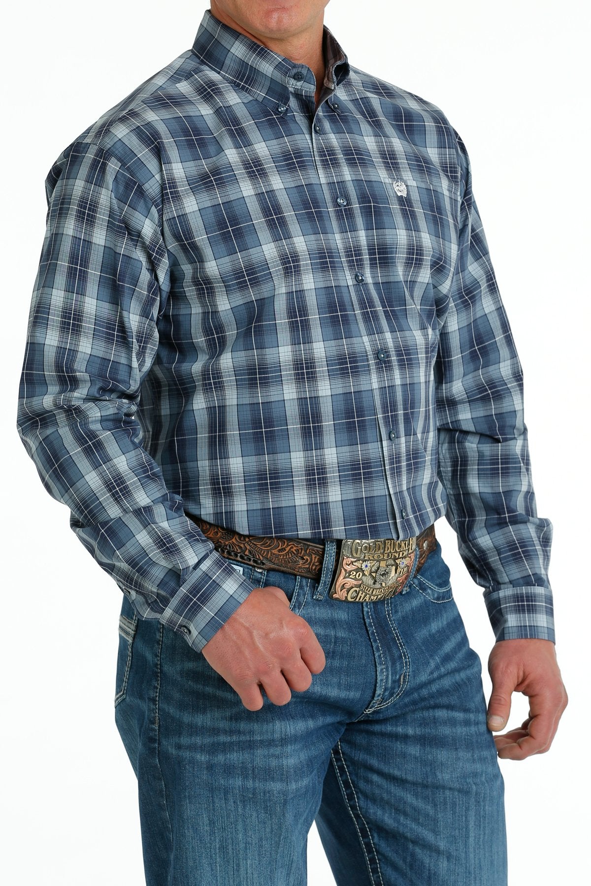 Men's Cinch MTW1105694  Blue/Navy/Gray Plaid Button Down Long Sleeve Shirt *CLOSEOUT*