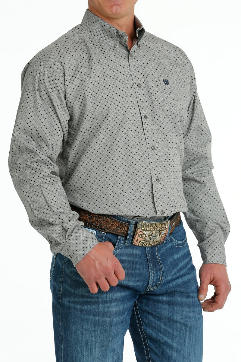Men's Cinch MTW1105698 Gray/White/Navy Geometric Print Button Down Long Sleeve Shirt