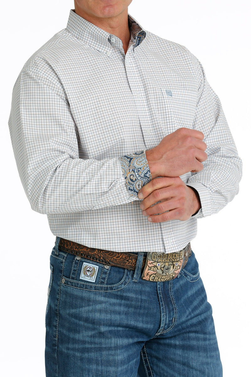 Men's Cinch MTW1105701  White/Blue/Orange Plaid Button Down Long Sleeve Shirt