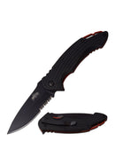 Master USA Spring Assisted Knife
3.5 Inches 3CR13 Steel Blade, 0.109 Inches Thick
Black Blade
4.75 Inches Black Plastic Handle
Stainless Steel Back Spacer Red Electro Plating
Includes Black Pocket Clip Front and Back View