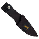 This Elk Ridge fixed blade knife with a camouflage coated handle and a stainless steel blade comes with a black nylon sheath. Sheath shown alone