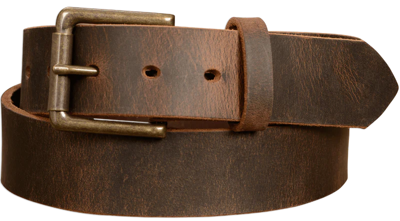 American made brown distressed casual leather belt with a brass buckle.