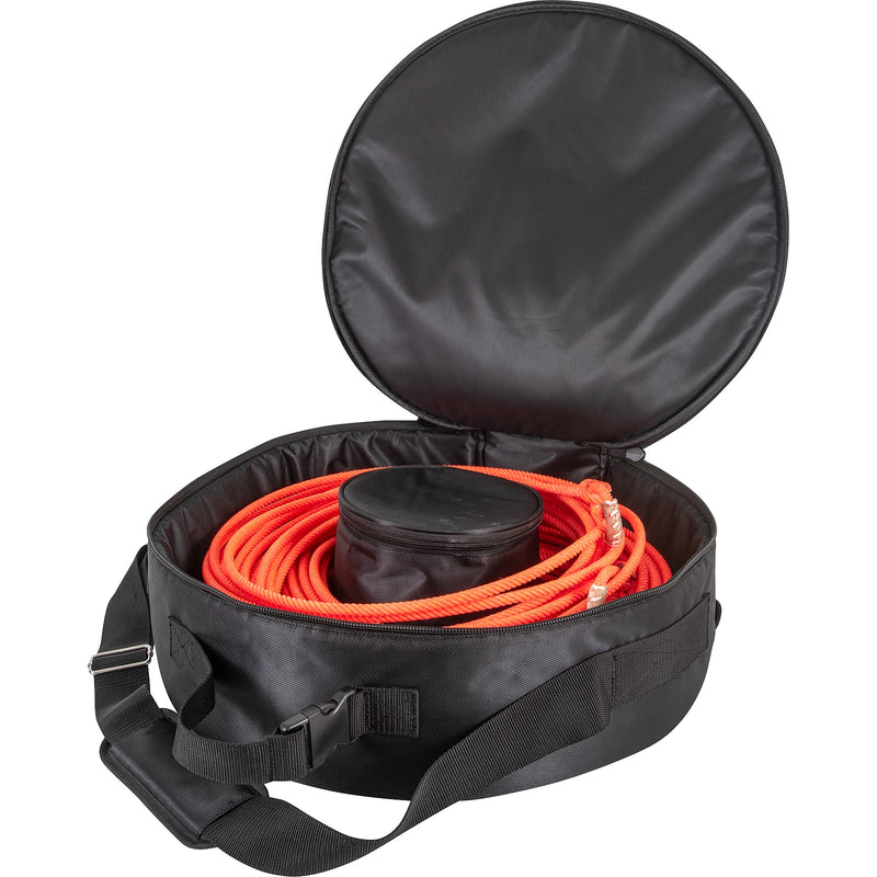 Inside view of Rattler Breakaway Rope Bag showing top that opens completely and has center zipped storage compartment in middle bottom. Ropes and gear not included.