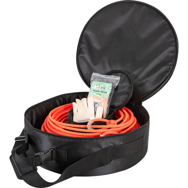 Inside view of Rattler Breakaway Rope Bag showing top that opens completely and shows open center zipped storage compartment in middle bottom. Ropes and gear not included.