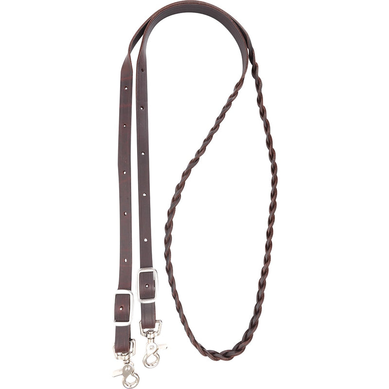 A brown, 3 plait braided latigo roping rein with double stainless steel buckles and double snaps.