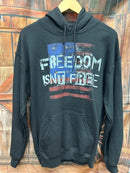 Heather Grey hoodie with a distressed "Freedom Isn't Free" graphic print imposed over a American Flag on the front.  