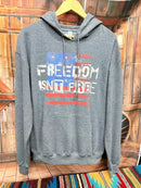 Heather Grey hoodie with a distressed Freedom Isn't Free graphic print imposed over a American Flag on the front.  