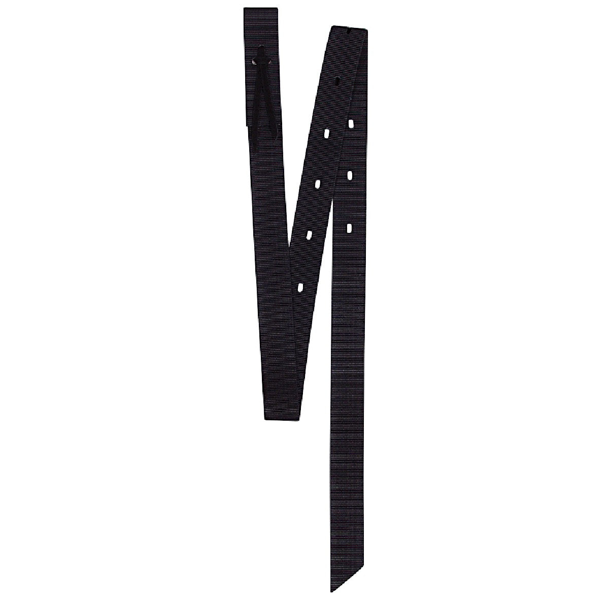 Cashel black nylon tie strap with a tied leather thong on the strap origin end to be connected to the front rigging ring and several punched holes about midway down for attaching/adjusting the tightened girth.