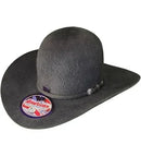 A charcoal gray grizzly open crown felt hat with a leather hat band and a label showing the American Hat brand.