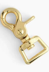Solid brass rein trigger snap with a square eye, typically used in equestrian tack hardware.