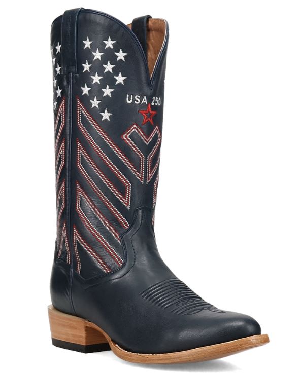 Men's Dan Post America 250 boot in navy blue with red and white stitching  resembling flag stripes that are angled up toward the side seams and 12 embroidered small white stars near the top of the shaft on each corner of front and back.  At front shaft scallop embroidered "USA 250" in white above an outlined red star. Top of boot has a total of 50 stars. Angled right front view.
