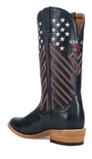 Men's Dan Post America boot 250 in navy blue with red and white stitching resembling flag stripes that are angled up and embroidered small white stars near the top of the shaft on front and back (12 on either side of front and back scallops). At shaft scallop embroidered "USA 250" above an outlined red star.  Top of boot has a total of 50 stars. Angled instep back view of right boot.