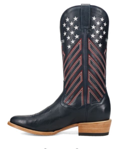 Men's Dan Post America 250 boot in navy blue with red and white stitching resembling flag stripes that are angled up and embroidered small white stars near the top of the shaft on front and back.  Top of boot has a total of 50 stars. Inside instep side view of right boot.