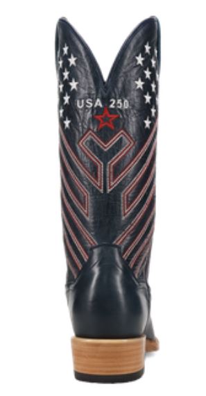 Men's Dan Post America 250 boot in navy blue with red and white stitching resembling flag stripes that are angled up and embroidered small white stars near the top of the shaft on front and back. At front shaft scallop embroidered "USA 250" above an outlined red star.  Top of boot has a total of 50 stars. Full back view.
