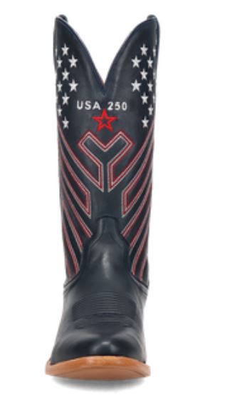 Men's Dan Post America 250 boot in navy blue with red and white stitching resembling flag stripes that are angled up and embroidered small white stars near the top of the shaft on front and back. At front shaft scallop embroidered "USA 250" above an outlined red star.  Top of boot has a total of 50 stars. Full front view.
