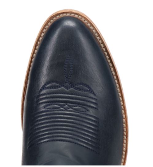 Men's Dan Post America 250 boot in navy blue showing a medium round toe with a double toe bug and wrinkle in matching navy blue stitching. Top view closeup of right boot.